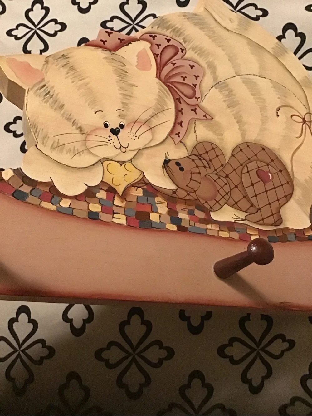Whimsical Cream & Pink Cat Wooden Wall Hook Rack